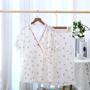 薄Y款 日式 七分裤 和服系绳女夏季 家居服套 纯棉纱布甜美汗蒸服短袖