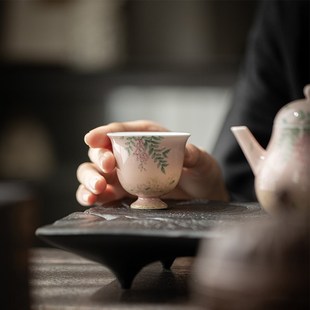 茶室文人器杯 苍烟红高足手绘品茗杯 家用陶瓷喝茶单杯