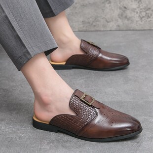 半拖鞋男夏季外穿无后跟潮拖尖头皮鞋豆豆鞋个性懒人一脚蹬皮凉拖