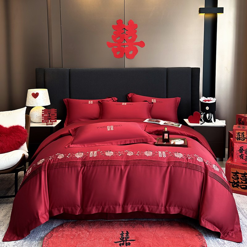 高级感中式红色四件套结婚被套纯棉床单简约喜被婚嫁新婚床上用品