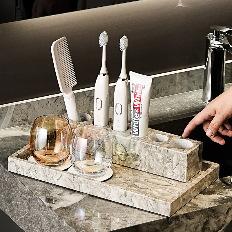 高级感大理石电动牙刷置物架卫生A间洗手台面洗漱口杯牙具收纳套