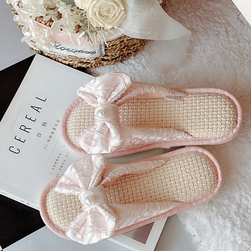 浪漫紫调夏日小仙女宫廷刺绣缎面亚麻拖鞋女春秋室内防滑居家凉拖