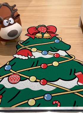 圣诞红色入户门地垫家用丝圈防滑耐脏脚垫玄关门口进门地毯可裁剪