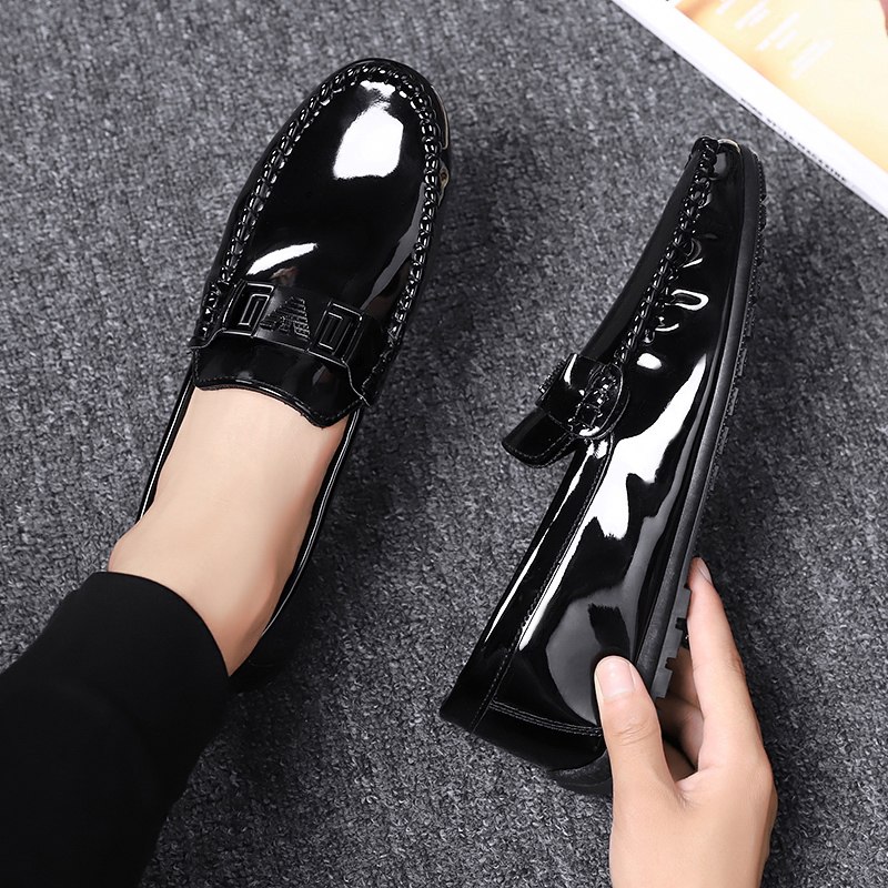 春季精神小伙豆豆鞋男韩版漆皮个性百搭懒人逗逗枪色无鞋带皮鞋子