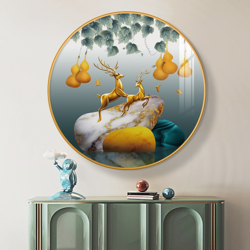 欧式玄关装饰画圆形鹿招财走廊过道挂画客厅餐厅镶钻壁画大气图片