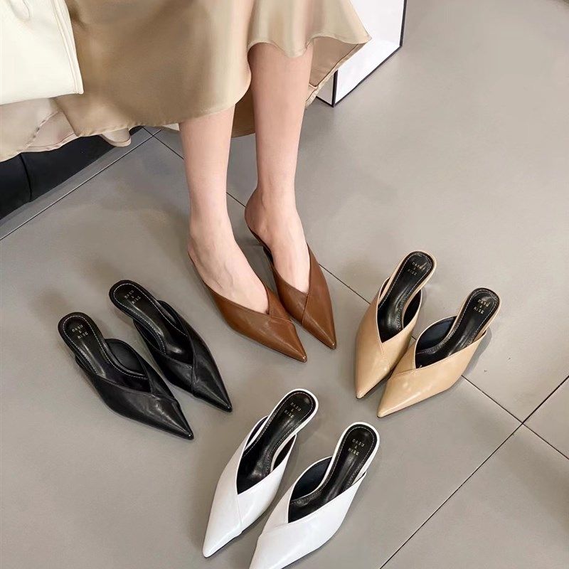 DASU 韩版简约尖头V口显瘦细跟凉拖鞋设计感小众猫跟包头半拖鞋,女鞋,包头拖,淘宝优惠券,粉丝福利购,淘宝优惠卷