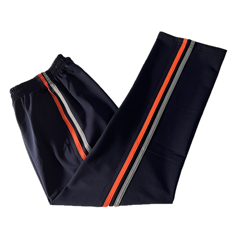 定制全棉春夏款男女学生藏青宽松运动裤镶桔灰杠款大尺码直筒长裤