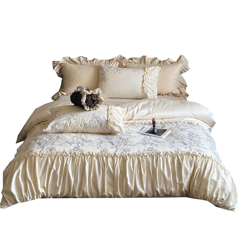 浪漫的约定100支法式少女刺绣全棉四件套纯棉褶皱花边被套床品