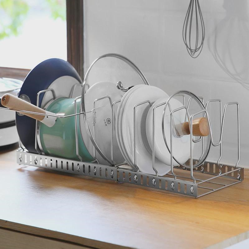 立式锅盖收纳架可调节伸缩橱柜整理铁锅沥水架碗碟架厨房收纳架