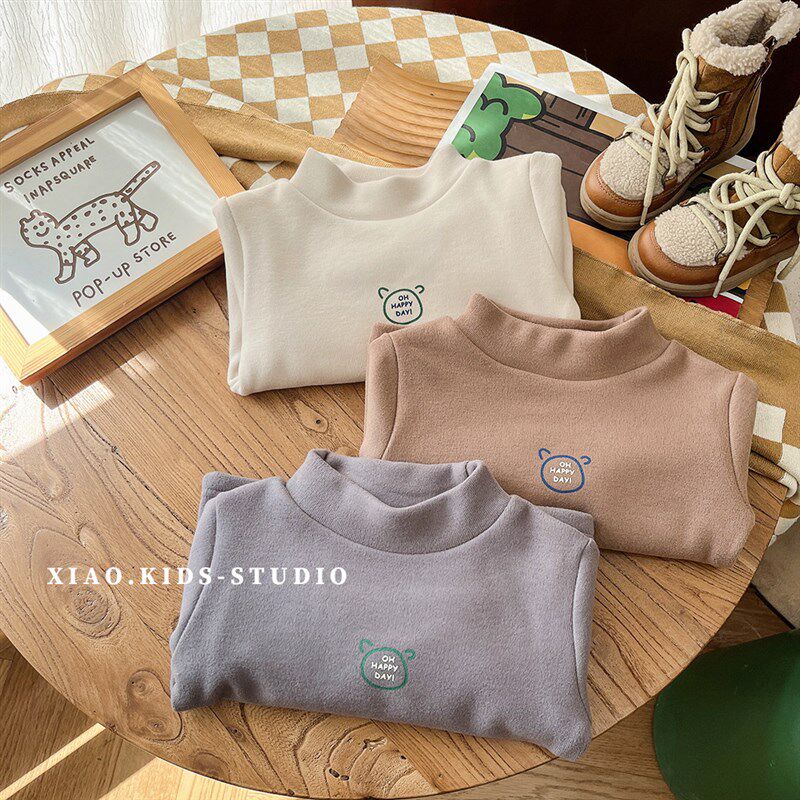 一体绒~儿童秋冬季加绒半高领打底衫男童保暖长袖t恤冬装内搭