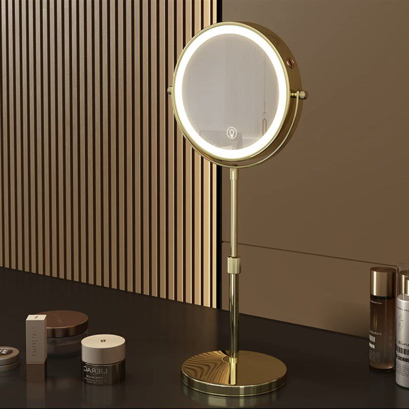 网红金属双面镜i子十倍放大化妆镜10倍升降台式led便携智能补光灯