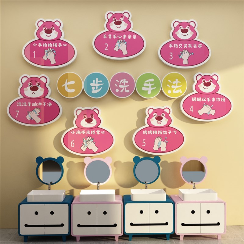 幼儿园环创墙面装饰卡通贴纸厕所主题墙儿童七步洗手法步骤图墙贴