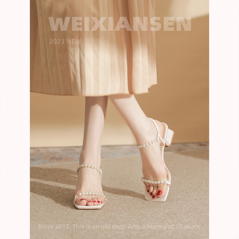 方头凉鞋女 夏季新款 中跟5CM一字带凉鞋 N网红粗跟仙女高跟鞋女