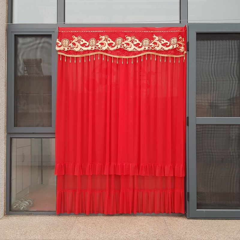结婚红色长门帘囍字双层蕾丝红门帘农村外门卧室客厅粘贴帘子窗帘