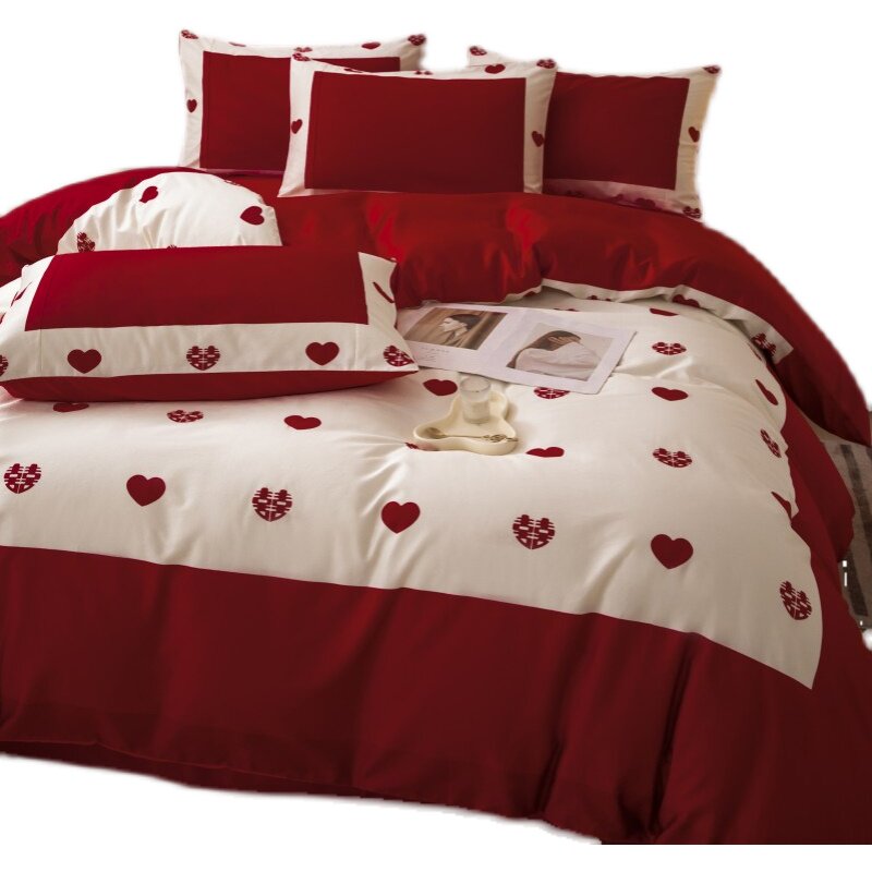 爱心结婚床上四件套喜庆简约红色婚F庆刺绣被套婚房喜被床单床品