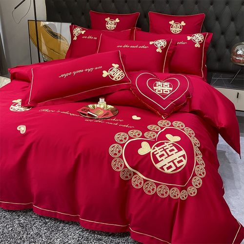 新婚喜庆刺e绣结婚床上四件套大红色全棉婚庆床单被套喜被六