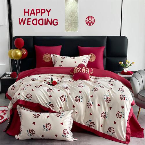 结婚床上四件套全棉长绒棉大红色婚嫁被套床单Y婚庆床品4