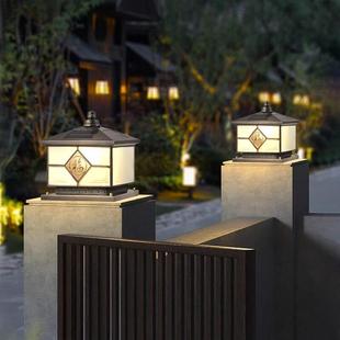 新中式全铜太阳能柱头灯户外防水庭院别墅大门两侧柱子灯围墙住灯