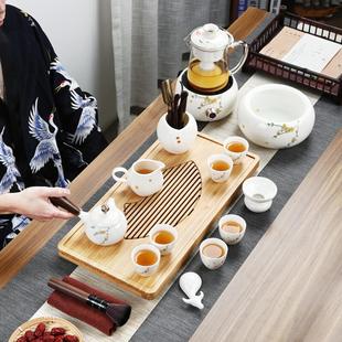 家用现代简约盖碗茶壶茶杯干泡竹制茶盘整套 德化白瓷功夫茶具套装