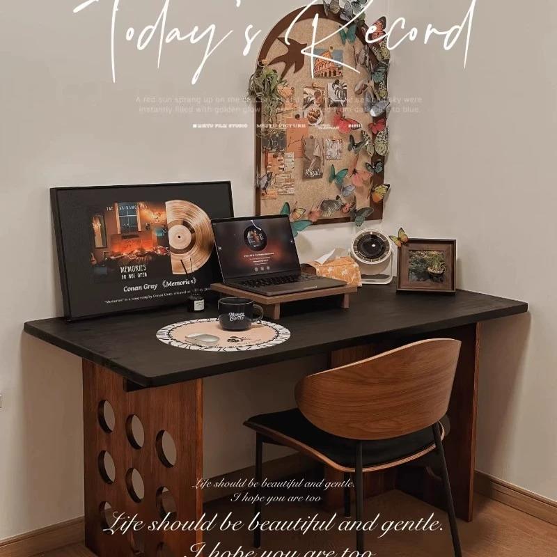 北欧中古风实木电脑桌家用高级感办公桌卧室书桌覆古风简约现代