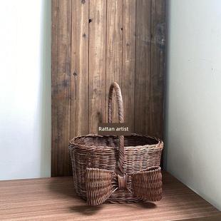 覆古蝴蝶结印尼真藤筐编织手提篮长水果篮野餐蔬菜筐田园采摘藤篮