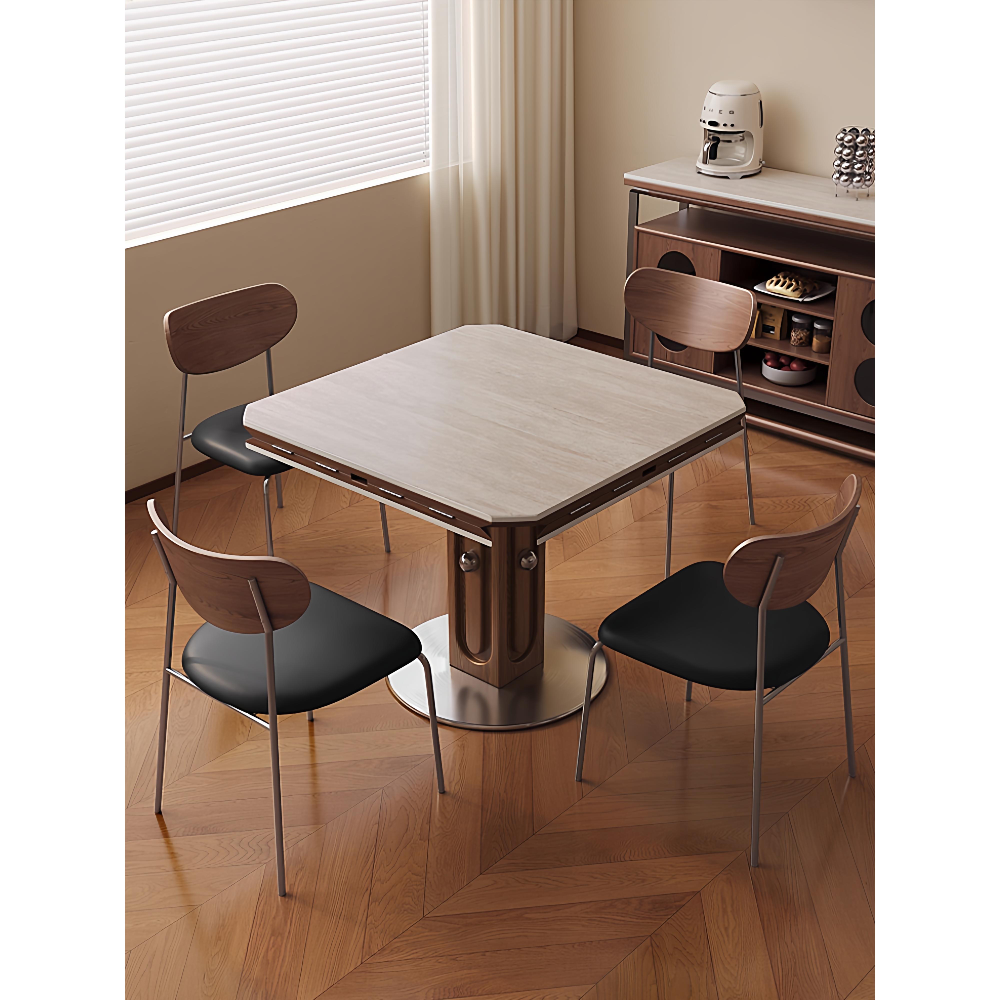 方圆两用洞石岩板餐桌覆古可折叠伸缩圆桌家用中古风小户型饭桌子