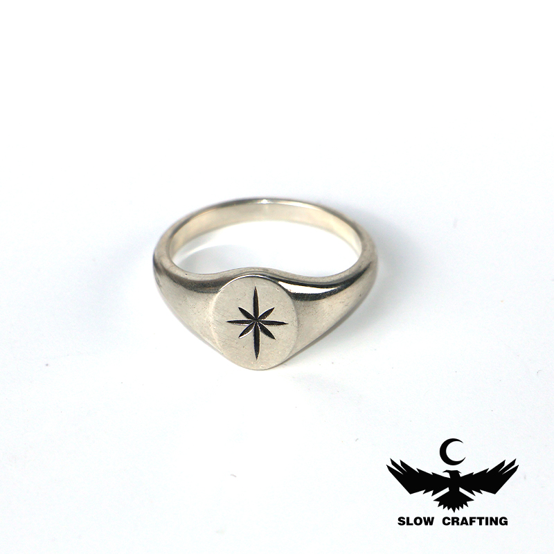 SlowCrafting纯银925八芒星印章戒指小众手工情侣对戒男女银尾戒