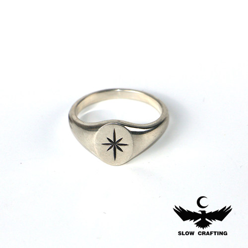 SlowCrafting纯银925八芒星印章戒指小众手工情侣对戒男女银尾戒
