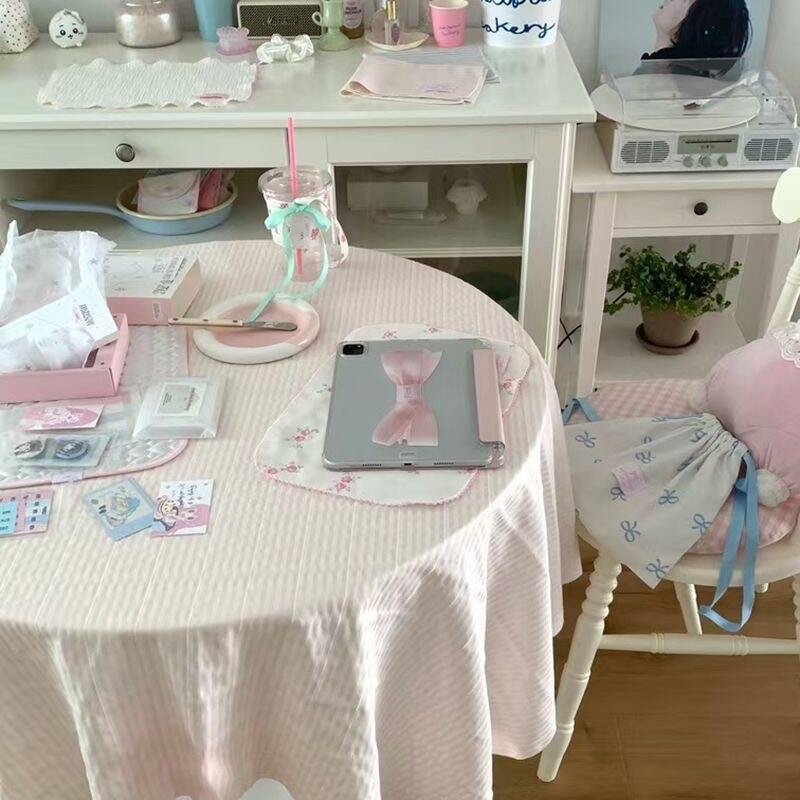 韩系ins风柔粉蓝条纹桌布奶油风
