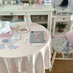 韩系ins柔粉蓝条纹桌布奶油风高颜值桌垫卧室宿舍书桌装饰背景布