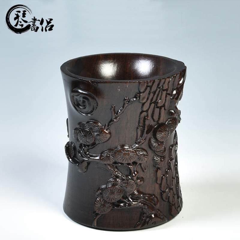 黑檀笔筒木质荷花笔筒 办法文具笔筒实木工艺品摆件木雕文房用品