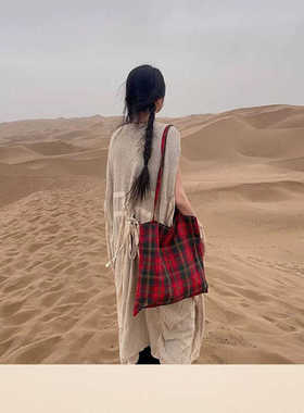 复古格纹橙色托特包学生上课通勤大容量单肩包休闲轻便帆布包