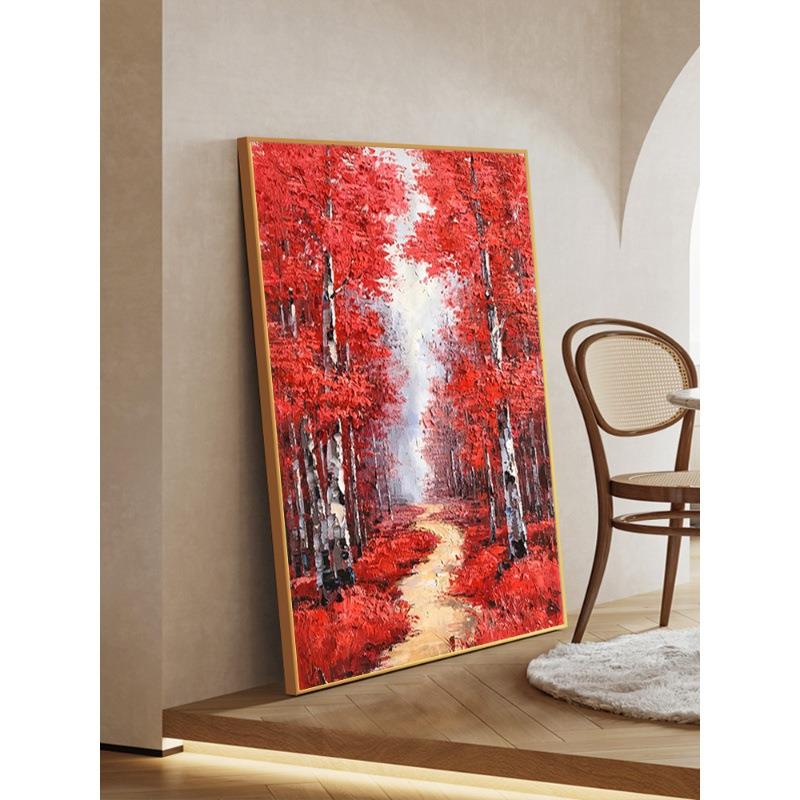 红色枫叶手绘油画客厅树林风景装饰画丙烯肌理画入户壁画玄关挂画图片