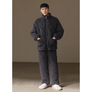 【超厚】珊瑚绒睡衣男款冬季三层夹棉加厚棉袄保暖家居服套装冬天