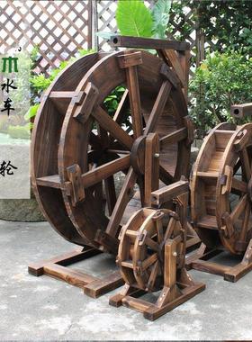 防腐木小水车流水转轮摆件景观鱼缸造景水车可循环户外旋转风水轮