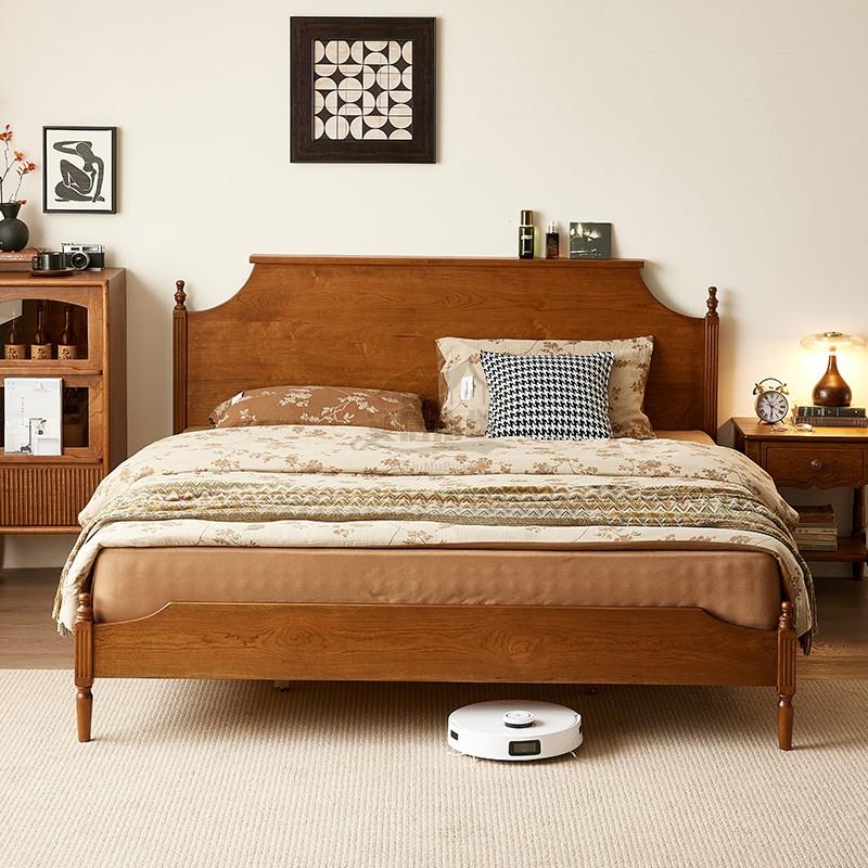 北美樱桃木实木双人床现代简约中古原木风主卧婚床靠背悬浮床架