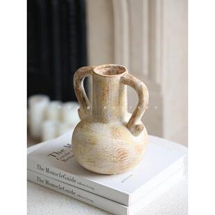 芥子家居印尼风双耳陶瓷插花瓶法式客厅覆古小花器装饰品做旧摆件