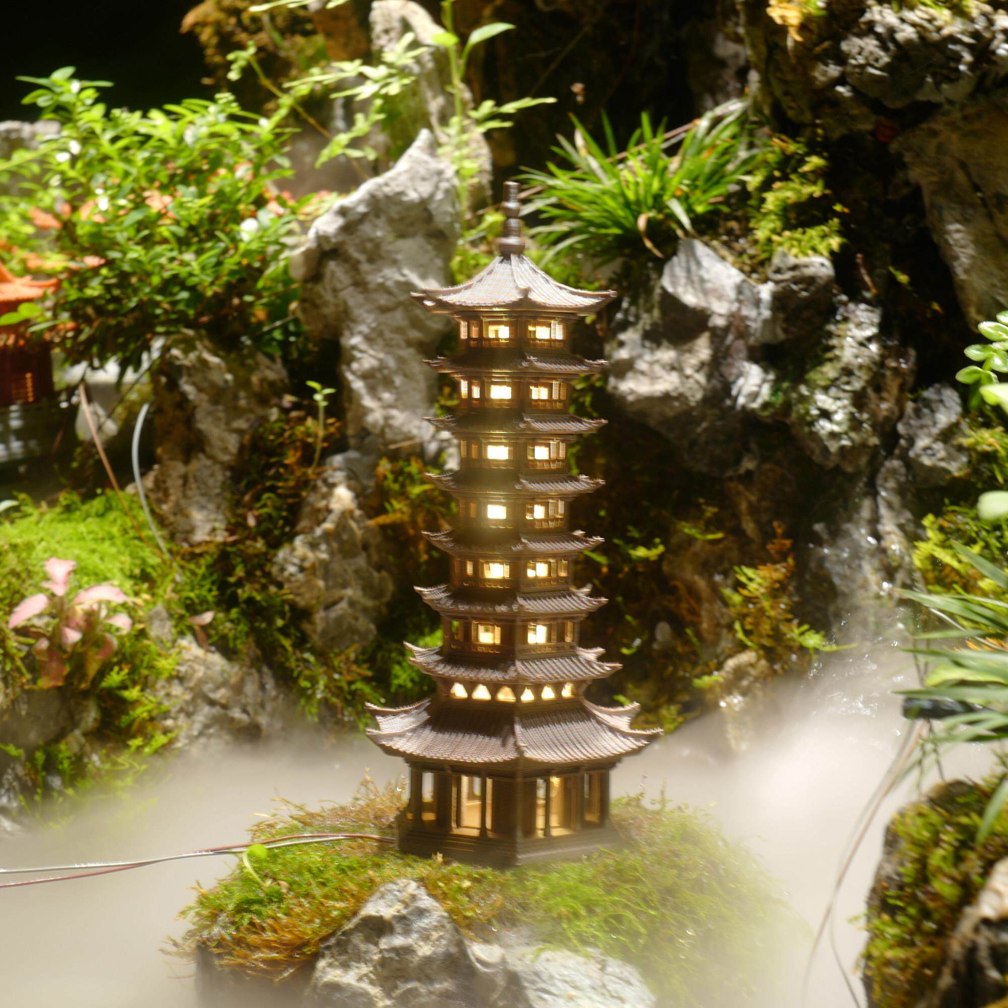 中式古风建筑鱼缸造景摆件假山水陆缸盆景微景观3D打印灯光六角塔