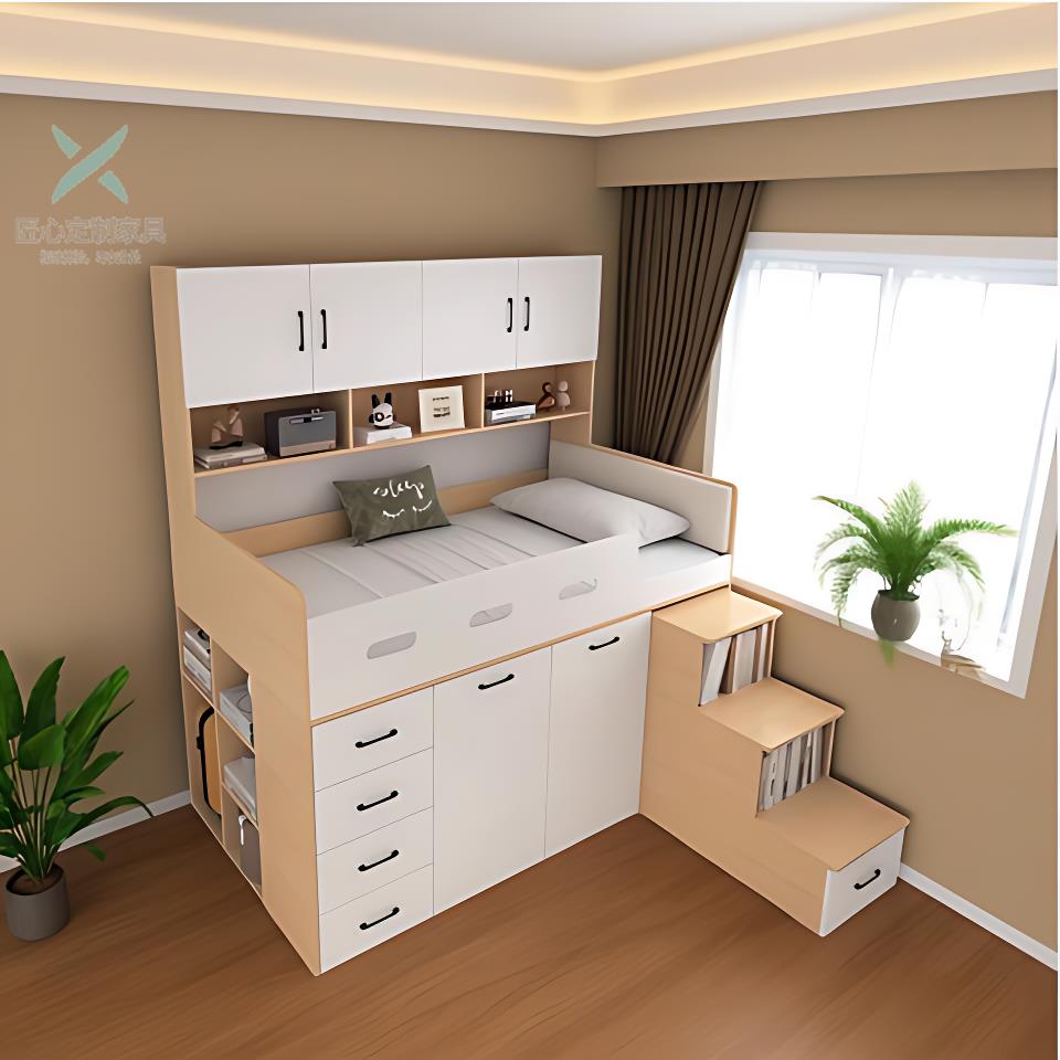 小卧室省空间实木高低上床下抽拉衣柜书柜一体组合储物儿童半高床