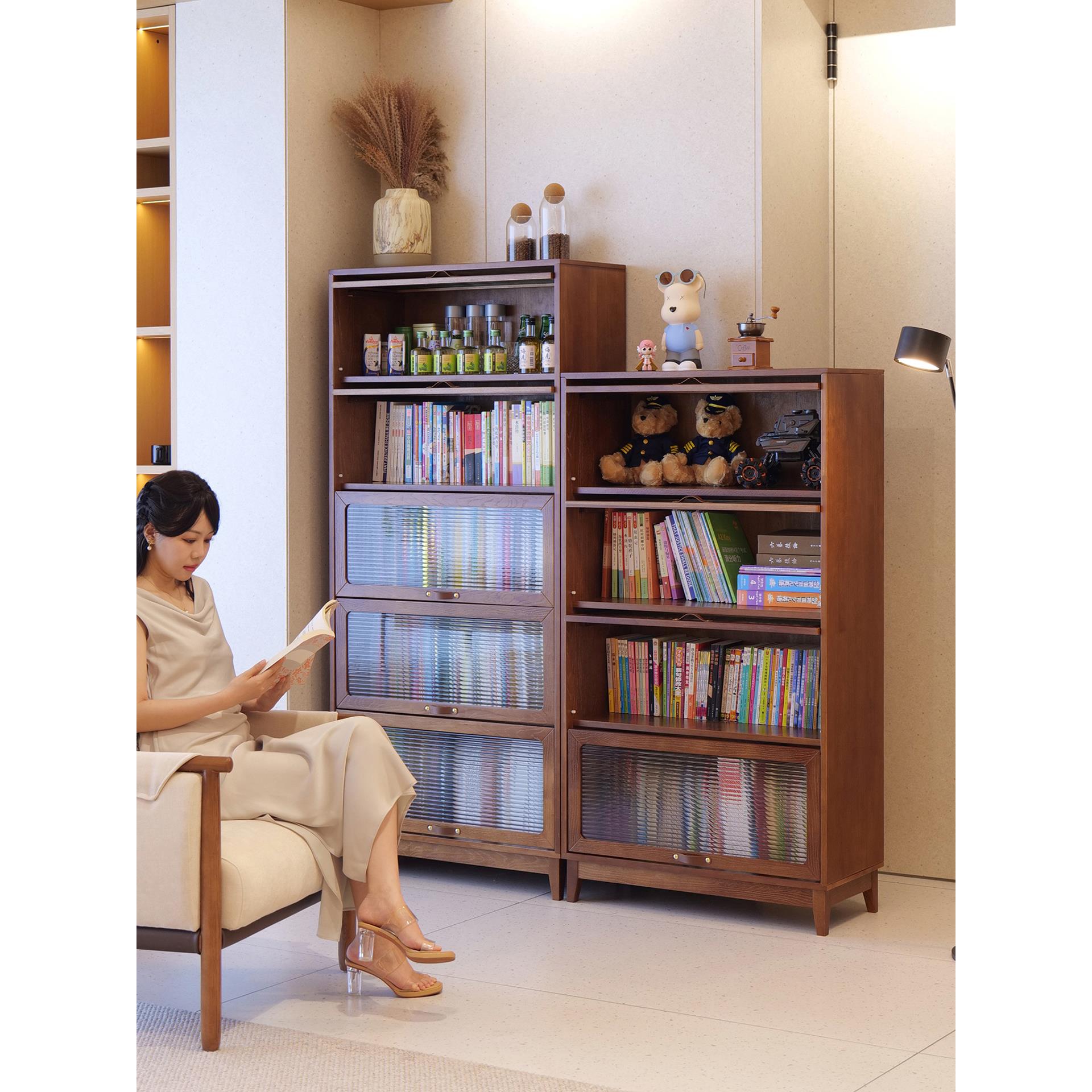 实木书柜客厅展示柜家用防尘带玻璃门置物架中古风带门落地组合柜