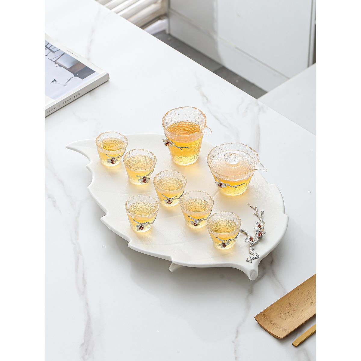 排水茶盘陶瓷叶形茶台家用小号纯色白瓷中式创意简约托盘功夫茶具