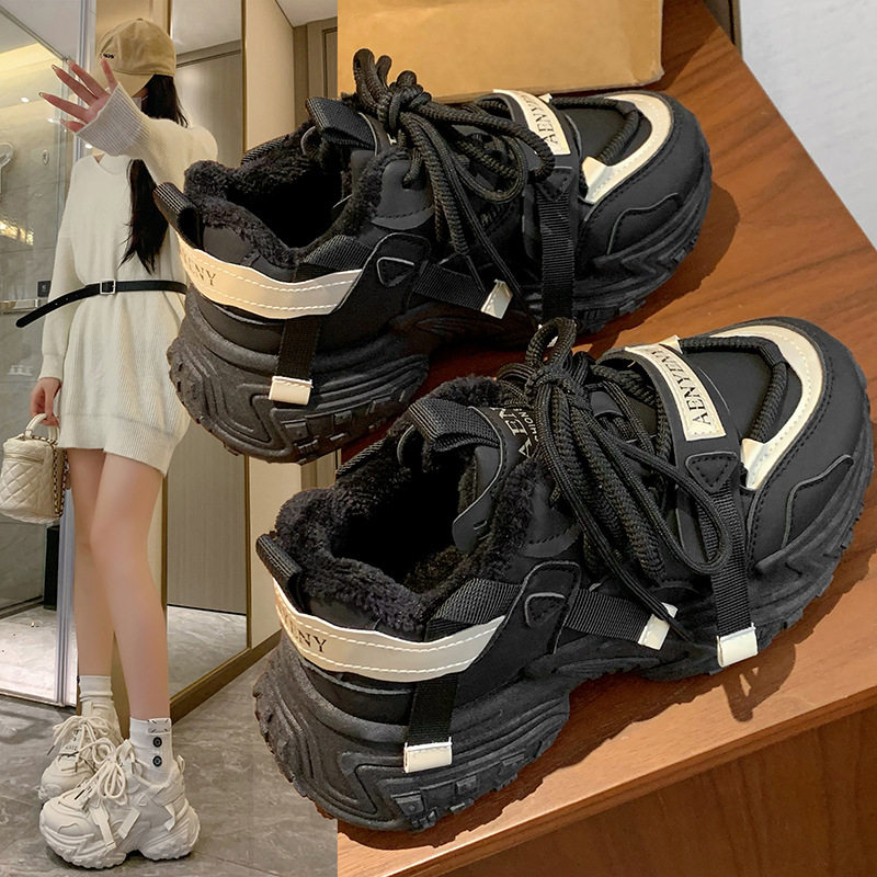 ins韩版新款加绒老爹鞋女2024冬季学生运动厚底休闲鞋FB9905-2