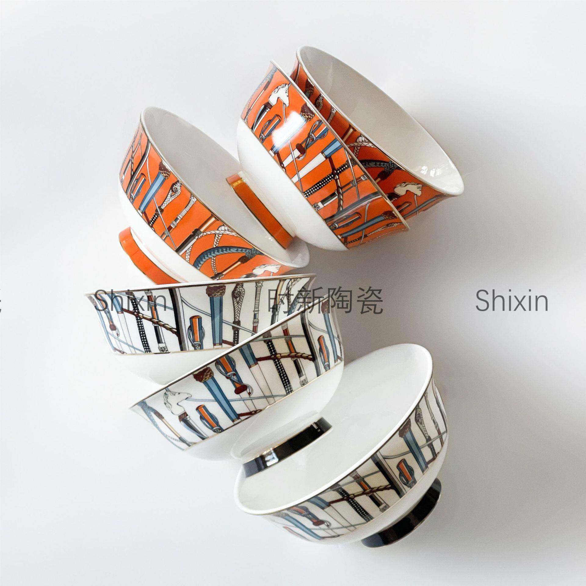 新款权杖欧式轻奢陶瓷碗家用防烫餐具高脚碗碗勺套装骨瓷米饭碗