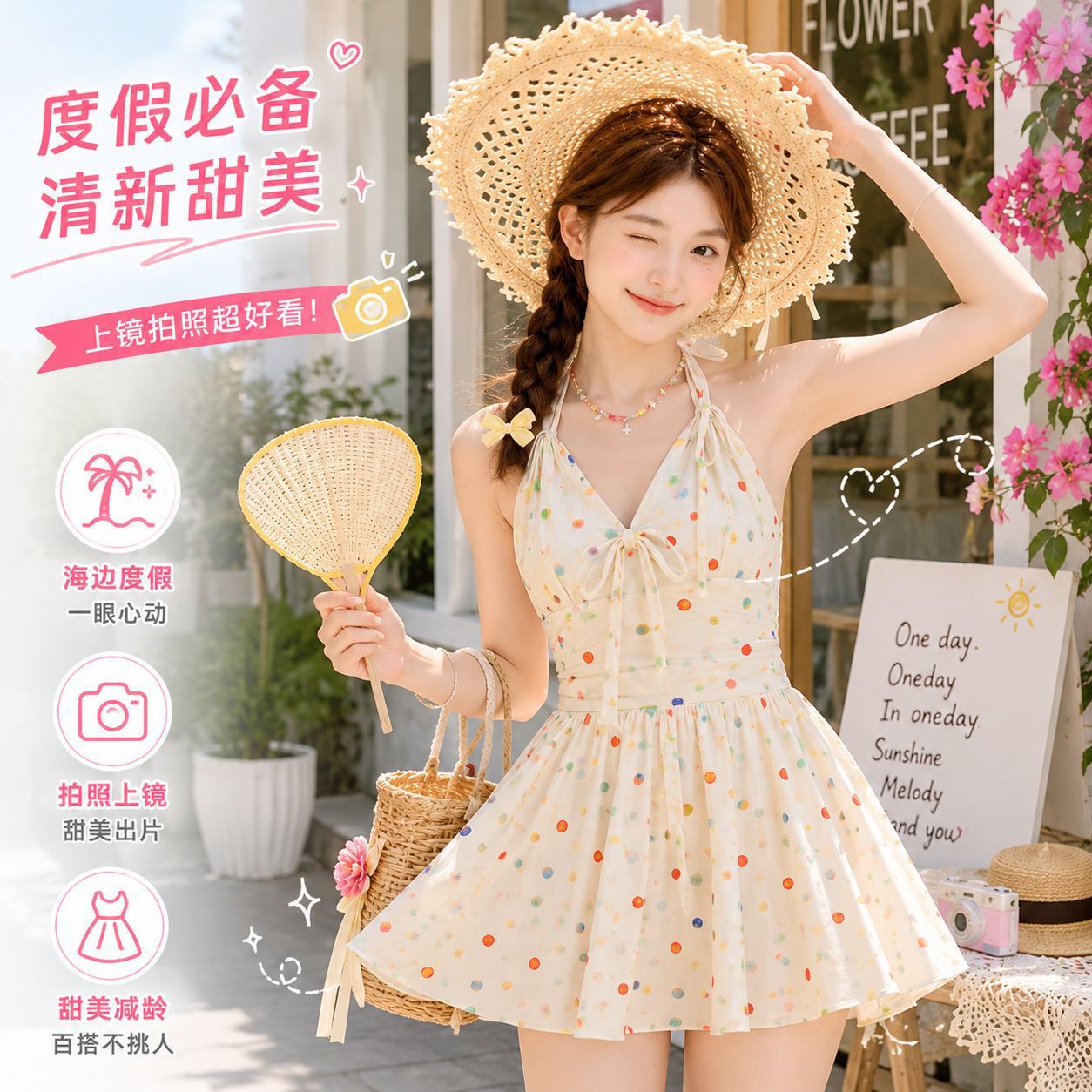 女士连体挂脖泳衣高腰裙摆遮臀