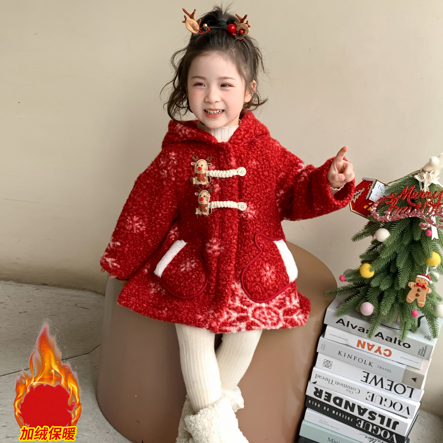 女童加绒外套冬季2025新款洋气卡通儿童加厚连帽毛毛衣中长款大衣