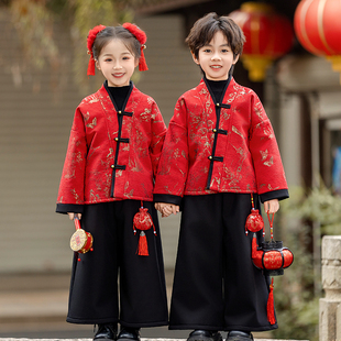 男童加绒汉服中国风秋冬季女童加厚唐装套装新中式儿童高端演出服