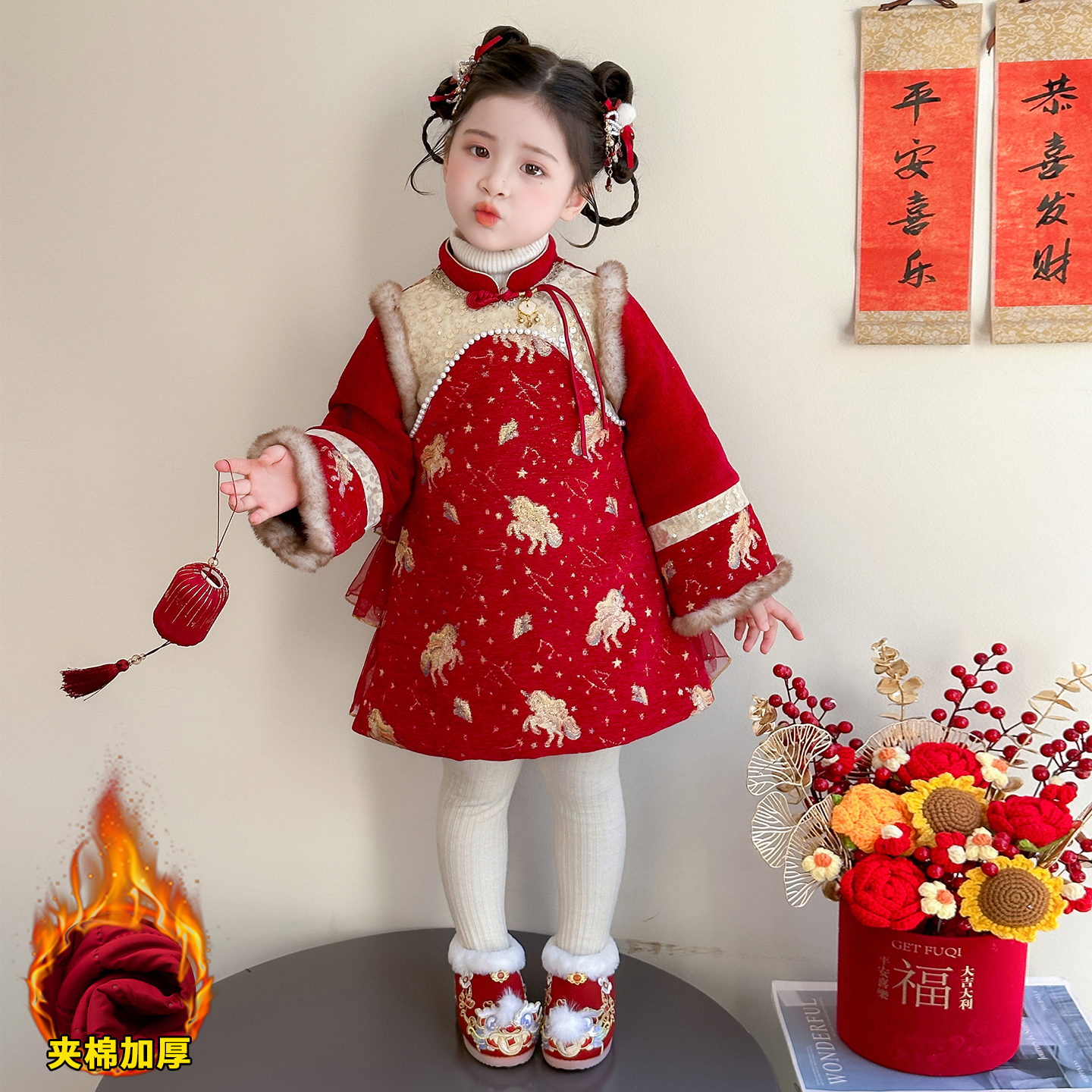 【冬上新】女童加绒旗袍裙拜年服