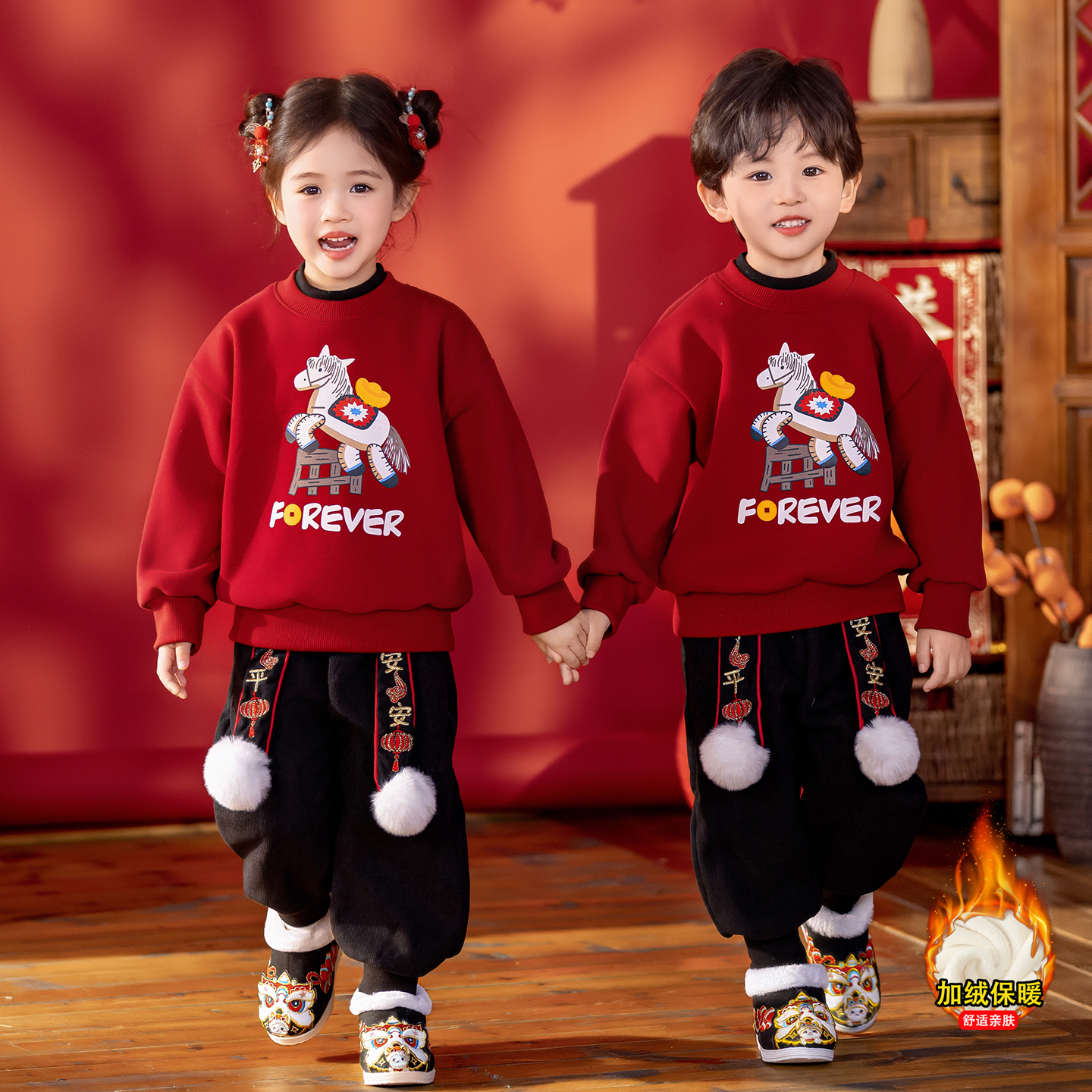 【冬上新】男女童加绒卫衣拜年服