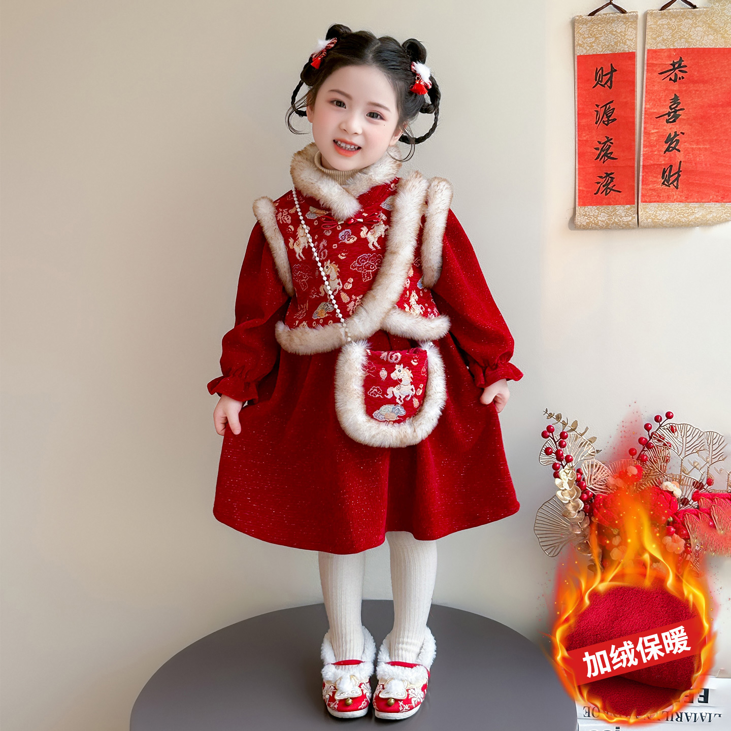 【冬上新】女童加绒连衣裙拜年服