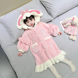 女童睡袍秋冬季法兰绒儿童家居服睡衣休闲珊瑚绒连帽宝宝冬装浴袍